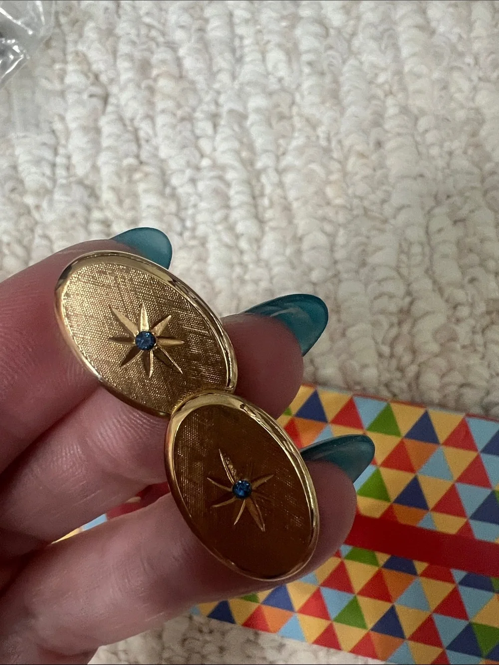 Avon Gold Cufflinks and Tie Clip Set with Blue Accents